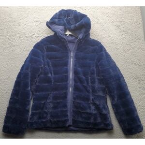 BE BOUNDLESS Reversible Jacket Womens Large Blue Fluffy Fleece Hooded Full Zip
